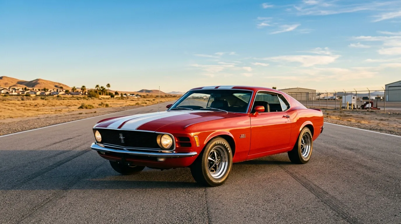 Ford Mustang rouge vintage avec rayures blanches, route désertique