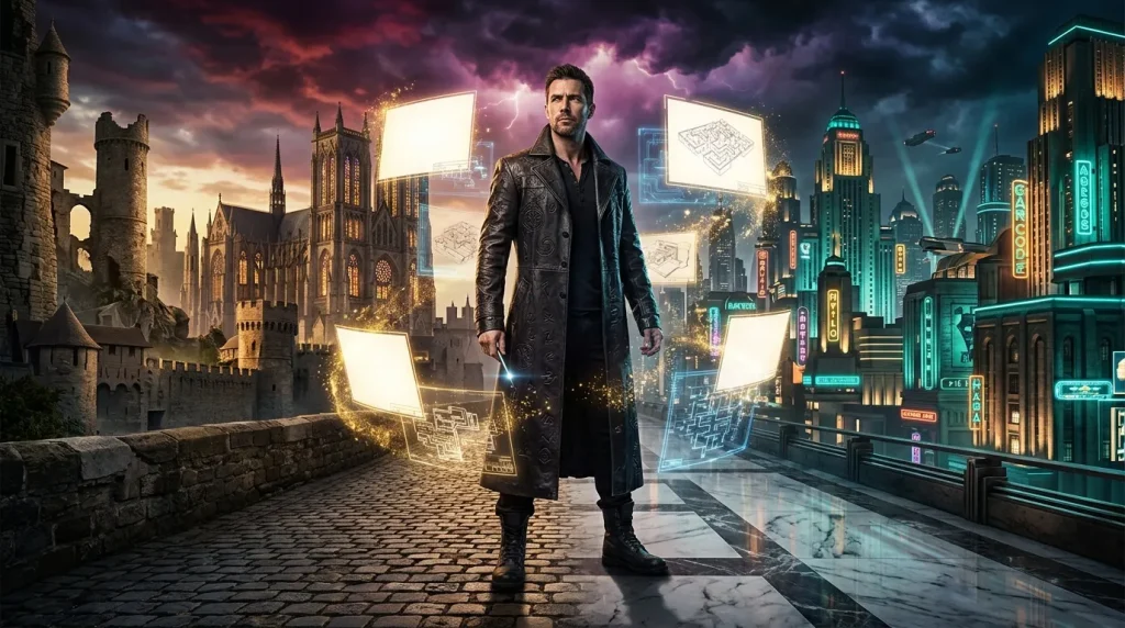 Homme en costume noir entre château médiéval et ville cyberpunk futuriste