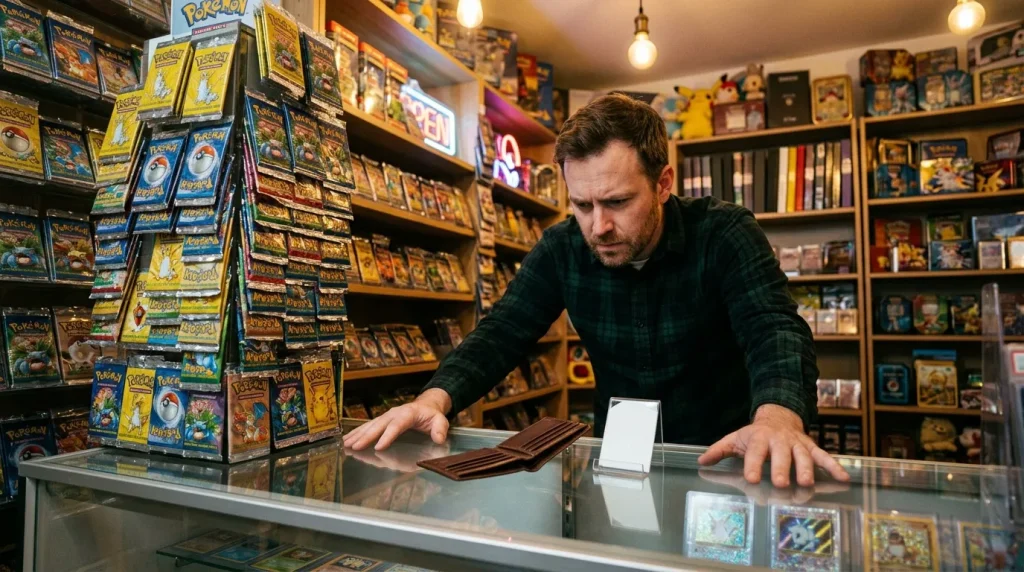 Homme consultant des cartes Pokémon dans une boutique spécialisée