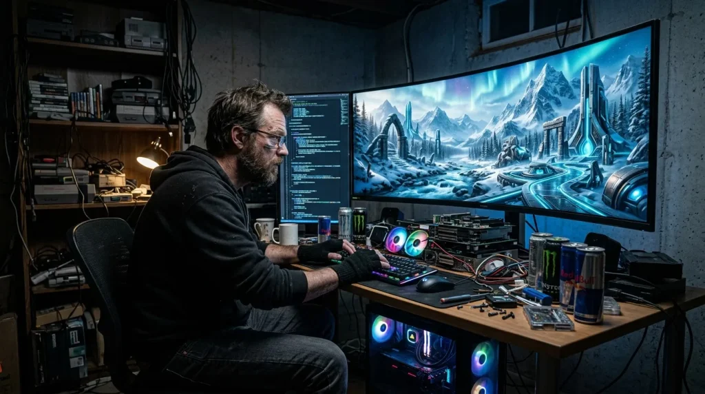 Homme programmant devant écran gaming futuriste illuminé