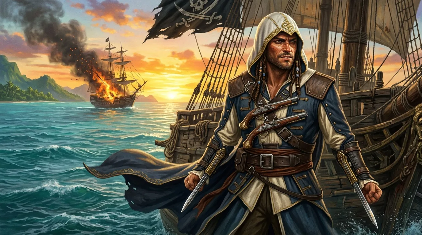 Pirate armé sur navire avec bataille en arrière-plan