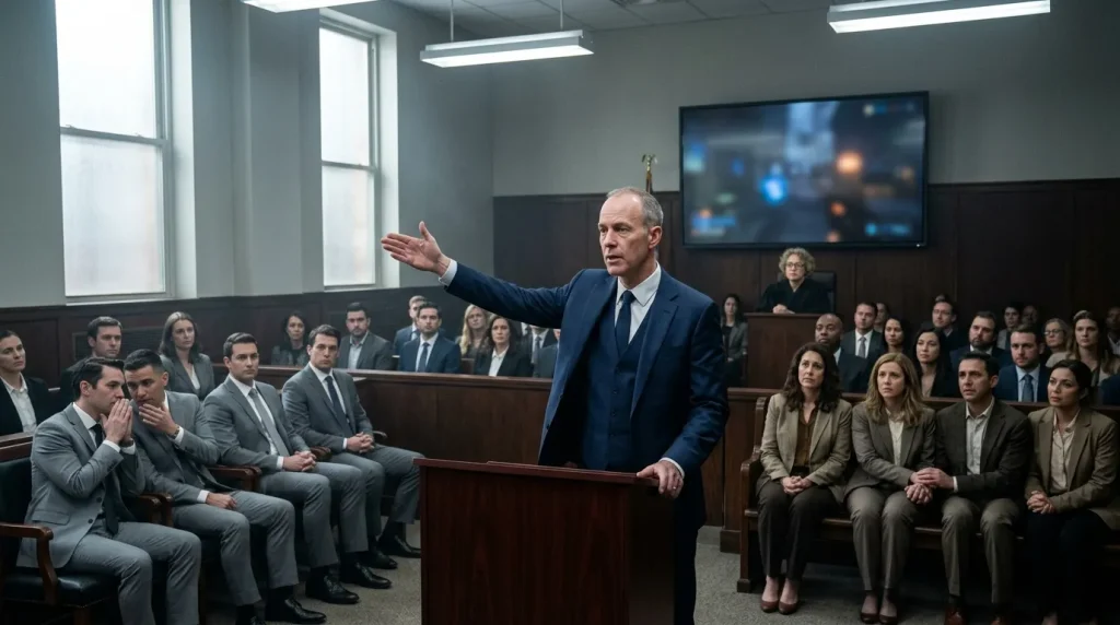 Avocat s'adressant au jury dans une salle d'audience