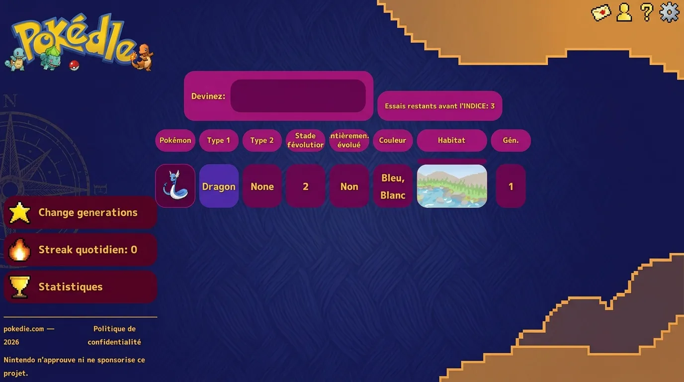 Interface de jeu Pokédle montrant les indices pour deviner un Pokémon Dragon