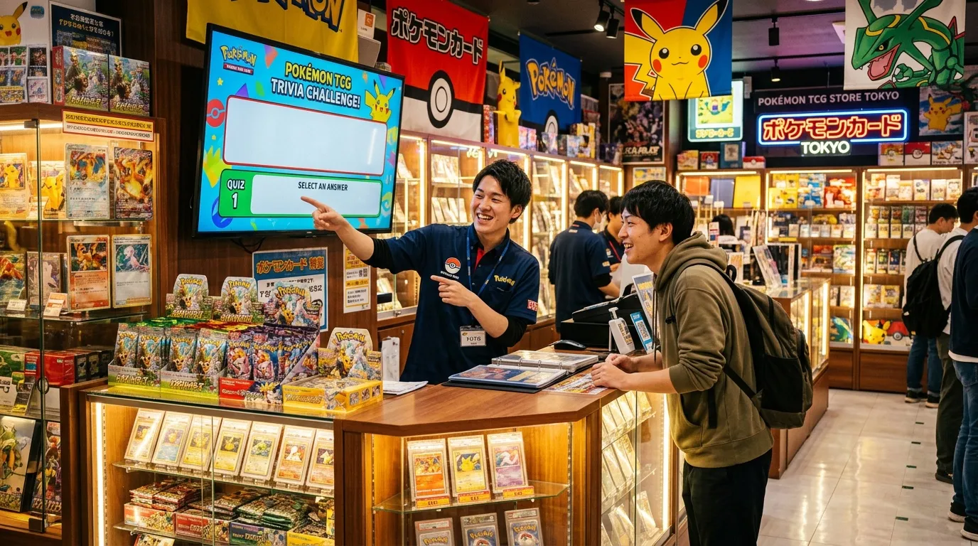 Employé animant un jeu trivia Pokémon dans un magasin Tokyo