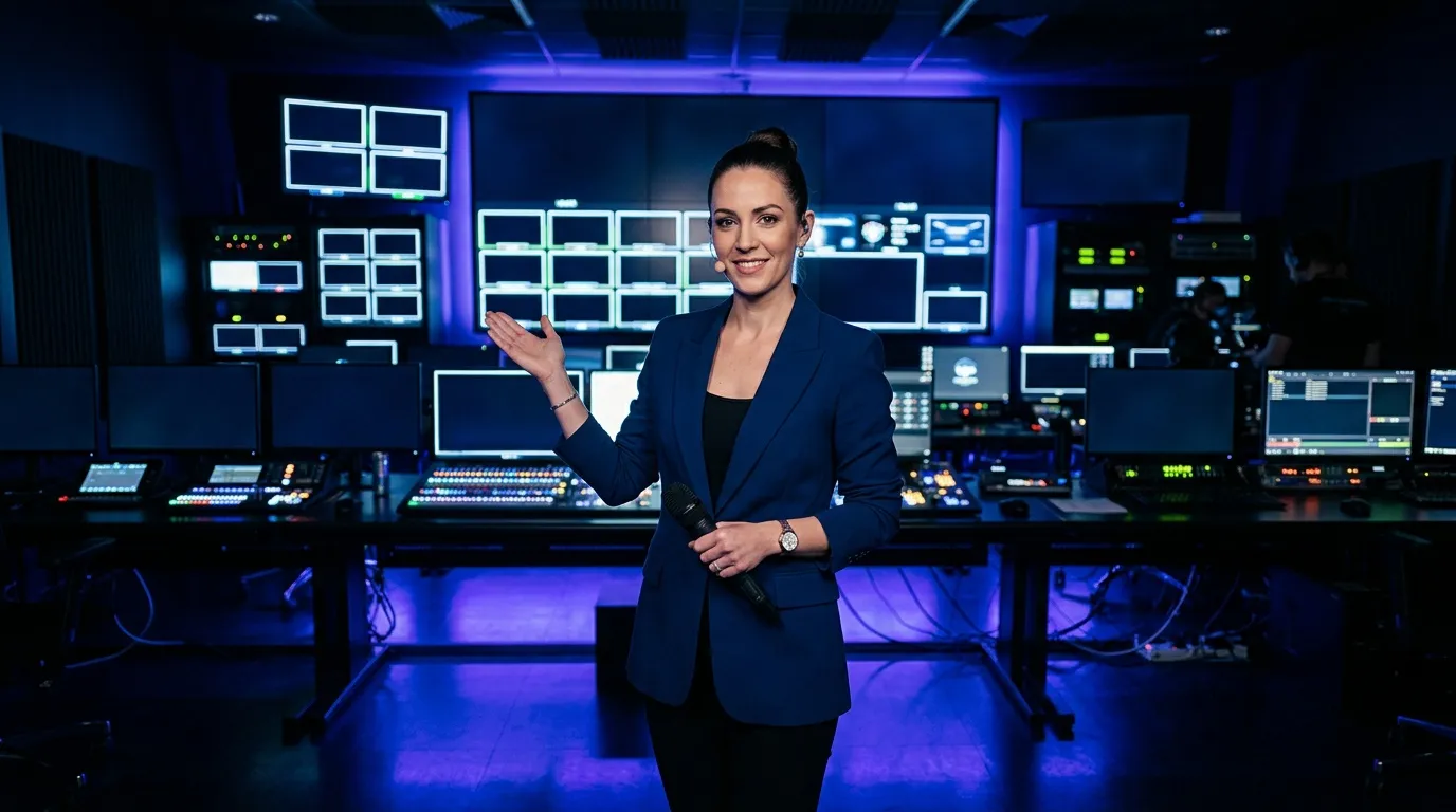 Femme en blazer bleu présentant dans une salle de contrôle