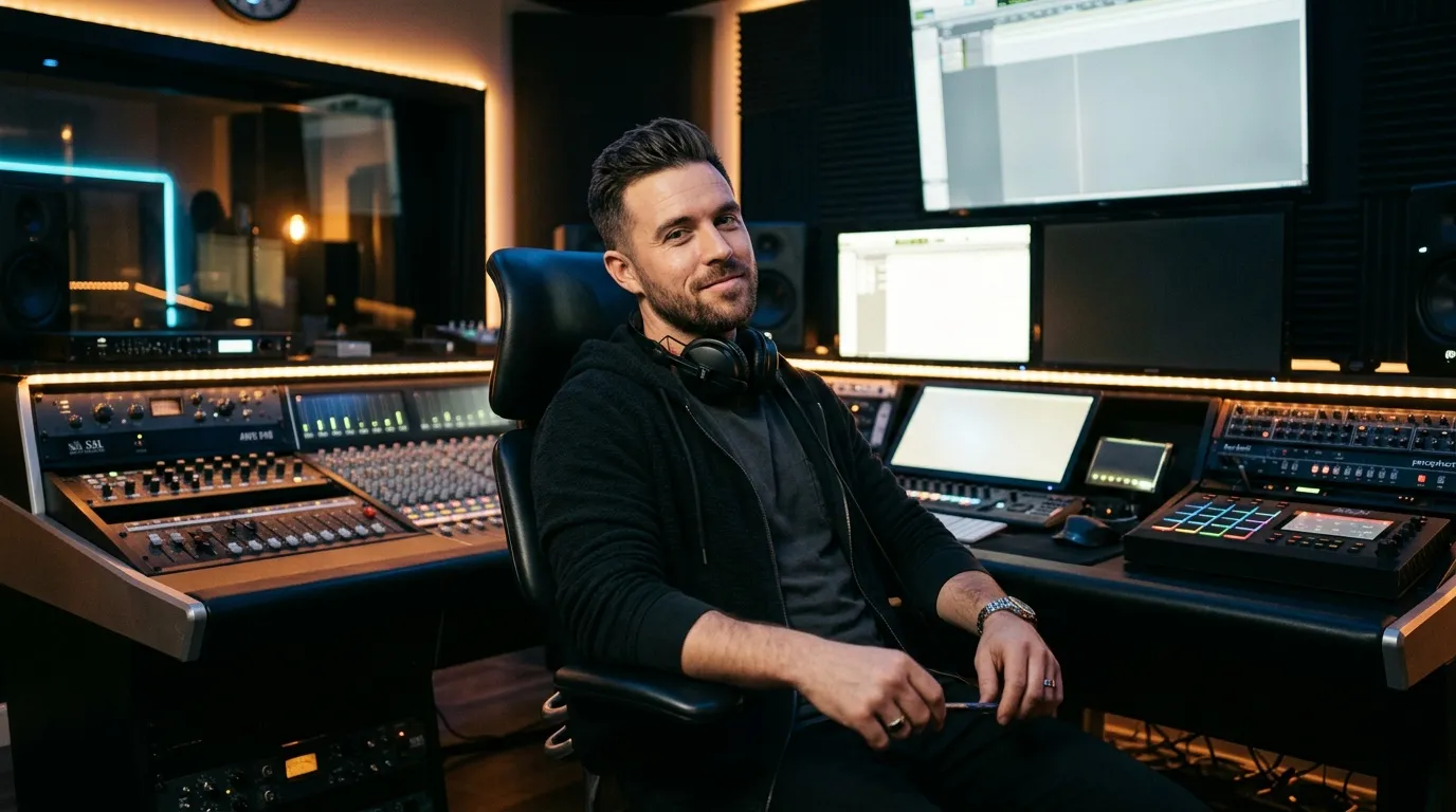 Homme producteur de musique dans studio équipé de matériel professionnel