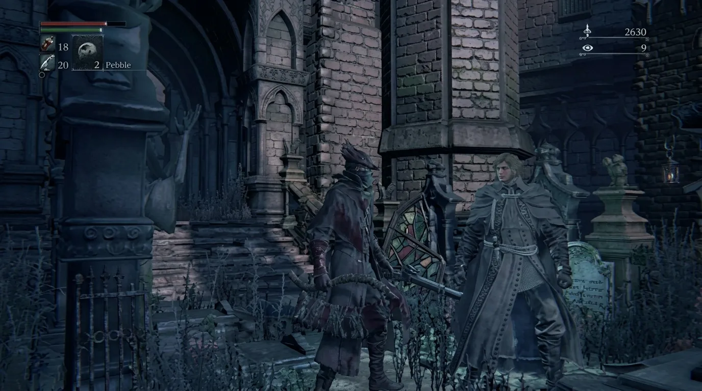 Personnages armés se rencontrent dans un couloir de château médiéval.