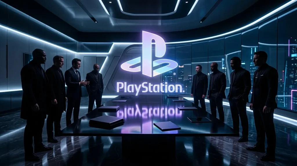 Hommes en costume autour du logo PlayStation illuminé