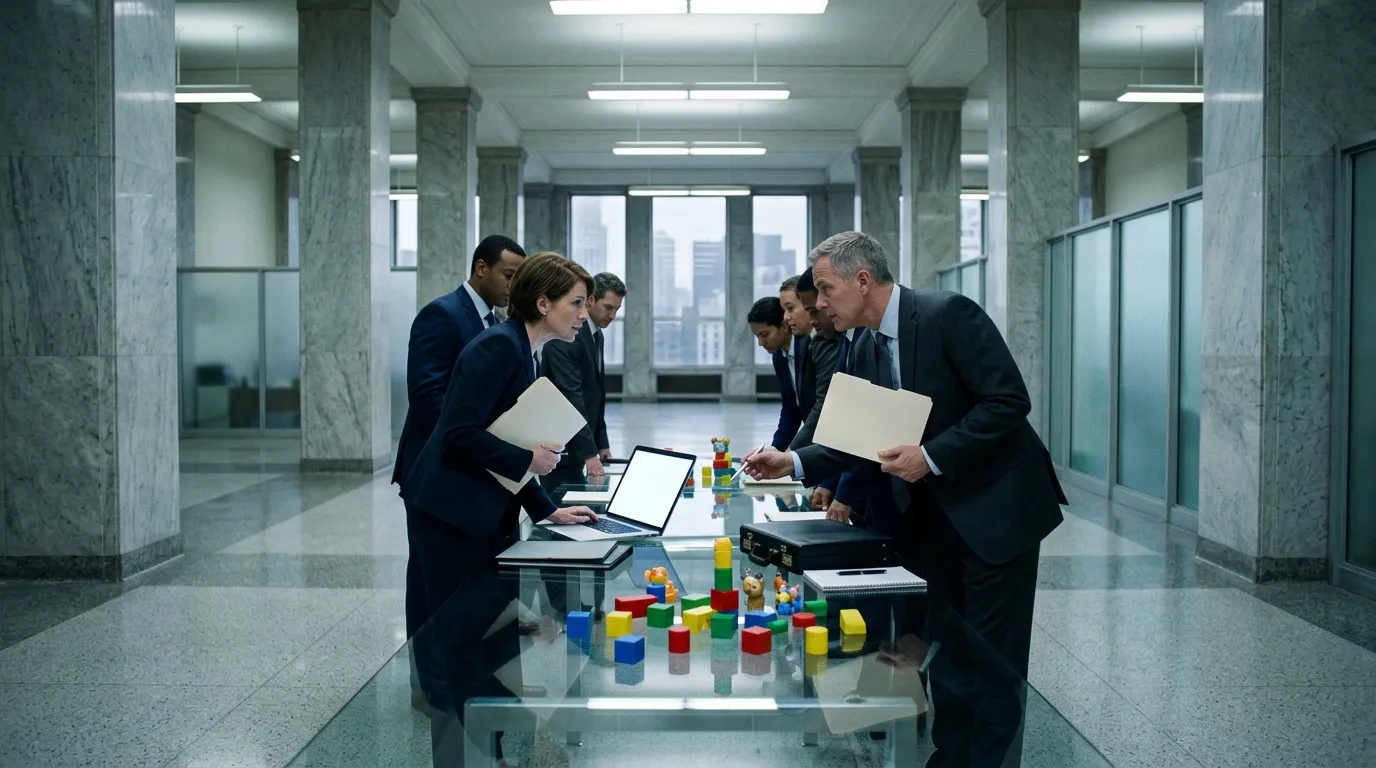 Professionnels en costume discutent autour d'une table avec blocs colorés