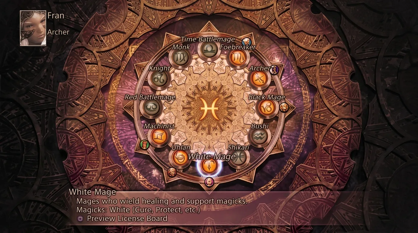 Interface de sélection des douze classes disponibles dans Final Fantasy XIV