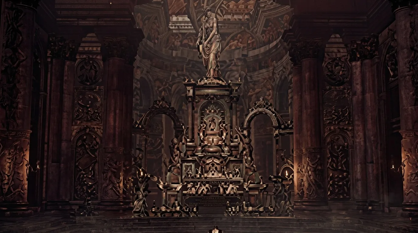 Intérieur de chapelle baroque avec colonnes et sculptures dorées