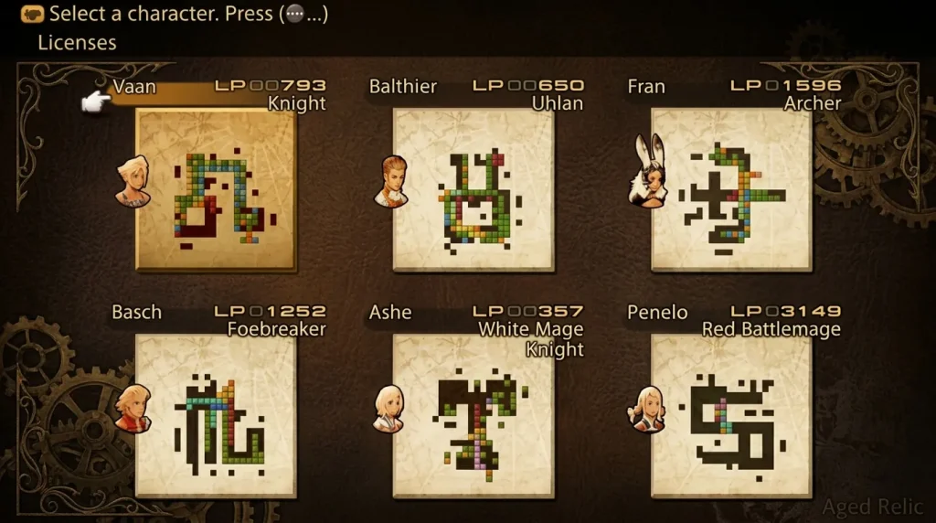 Six personnages fantasy avec stats et classes différentes