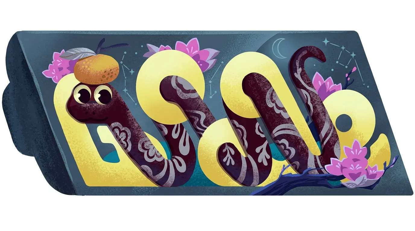 Illustration de serpents jaunes et violets enroulés avec fleurs roses