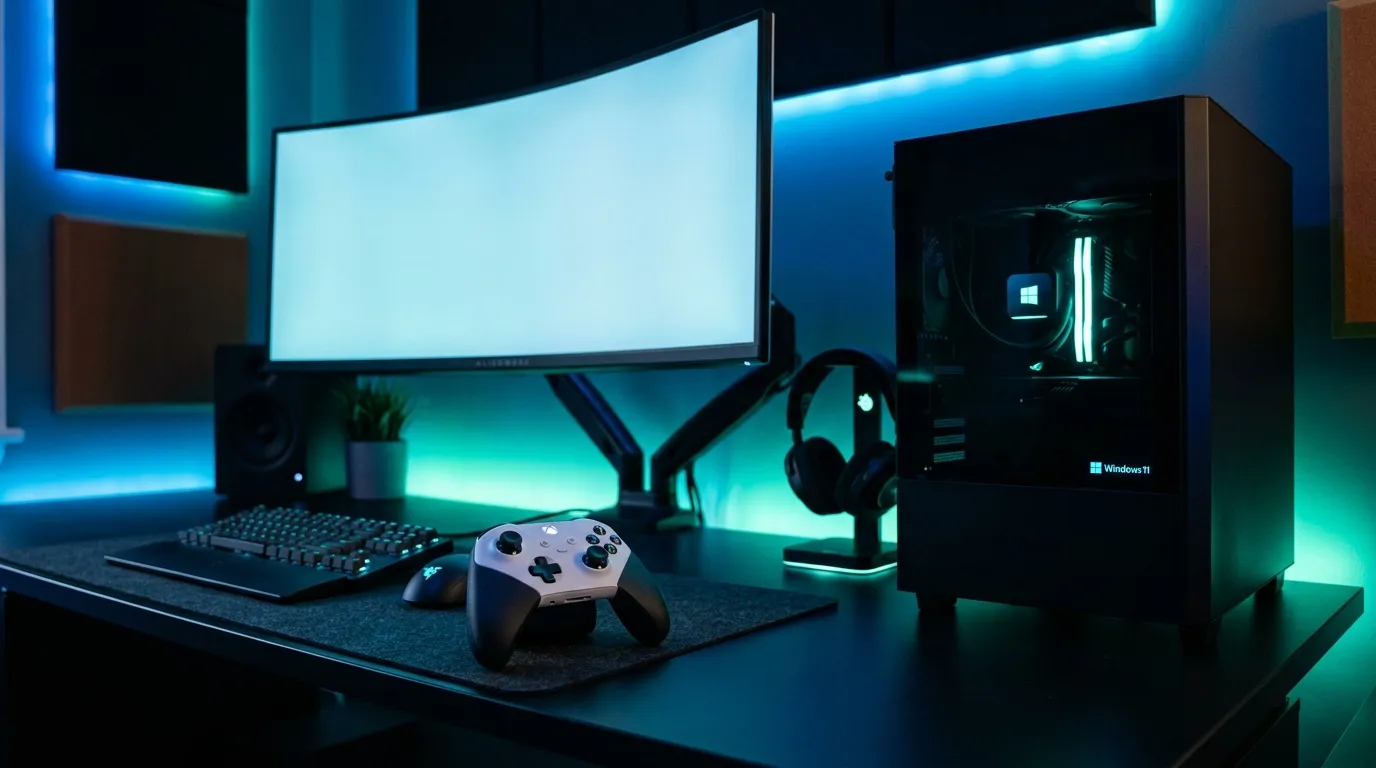 Bureau gamer moderne avec écran, PC et contrôleur Xbox