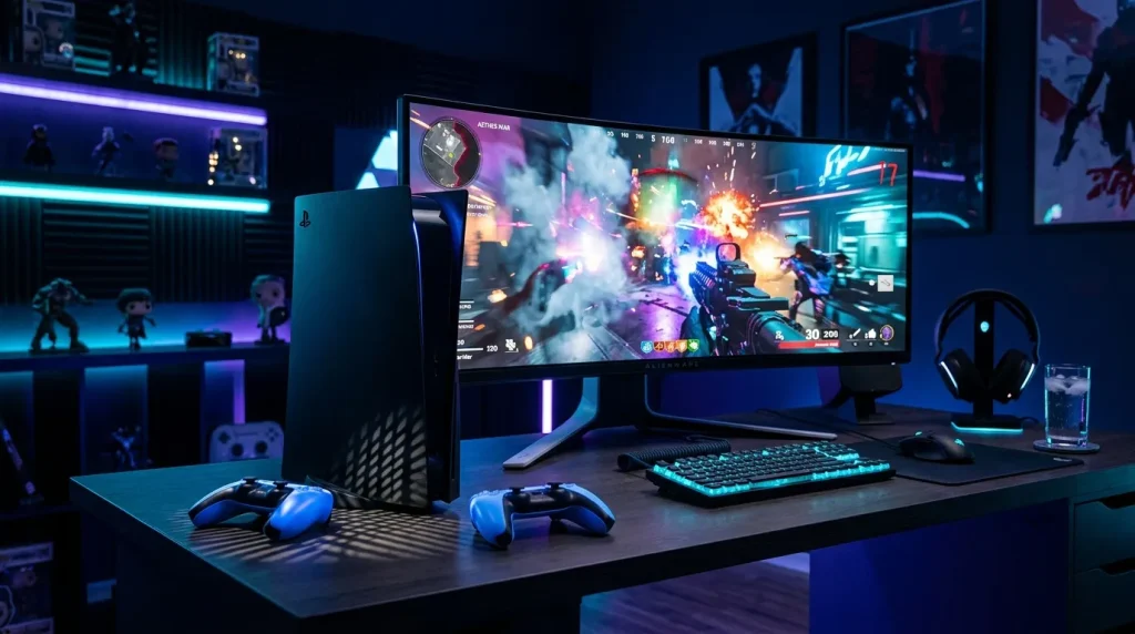 Bureau gaming illuminé avec console, écran et accessoires néon bleus