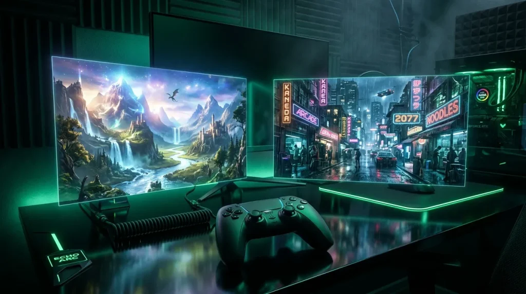 Bureau gamer avec deux écrans affichant mondes fantasy et cyberpunk