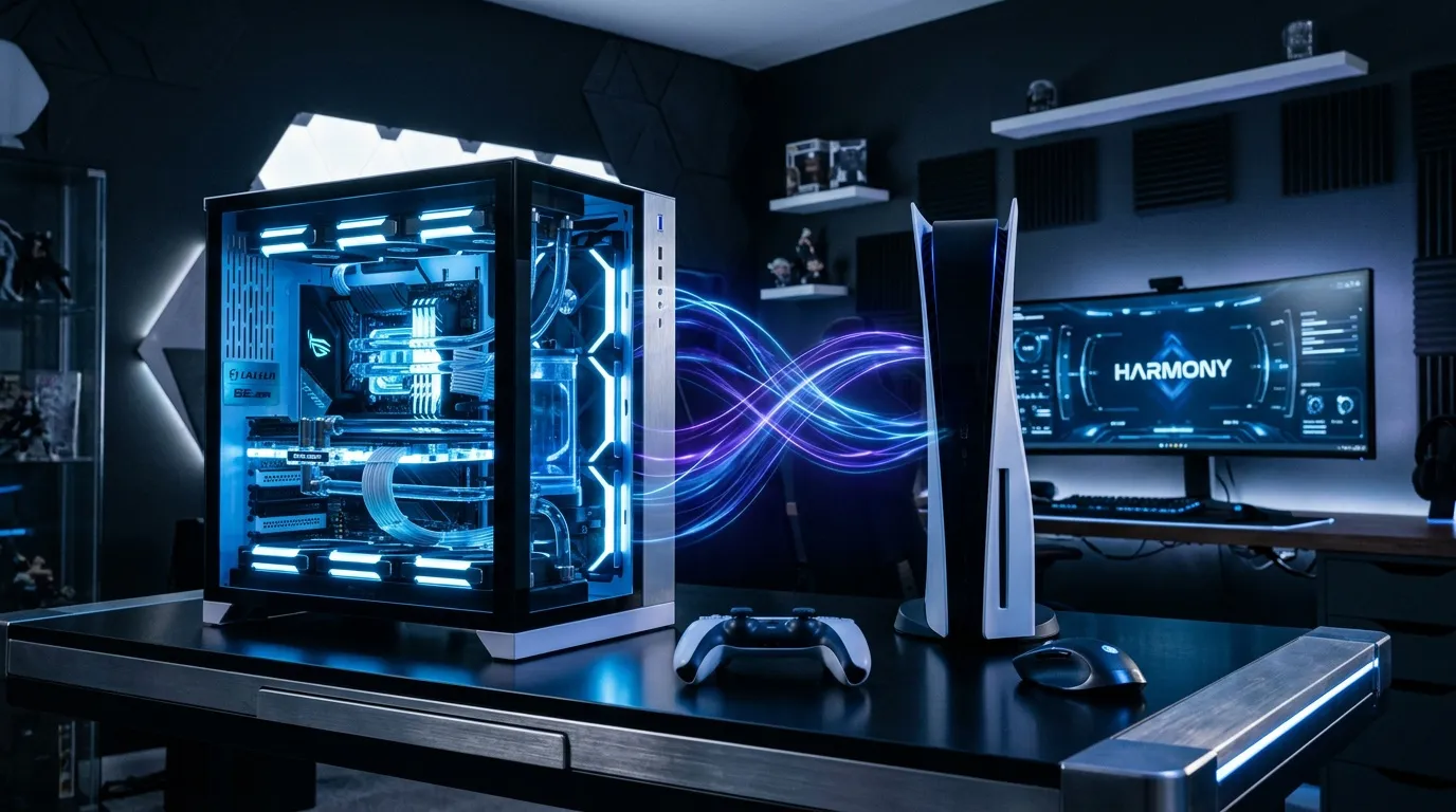 PC gaming illuminé bleu avec console et écran HARMONY