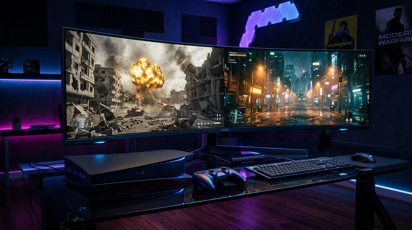 Bureau gamer avec deux écrans ultrawide affichant jeux vidéo