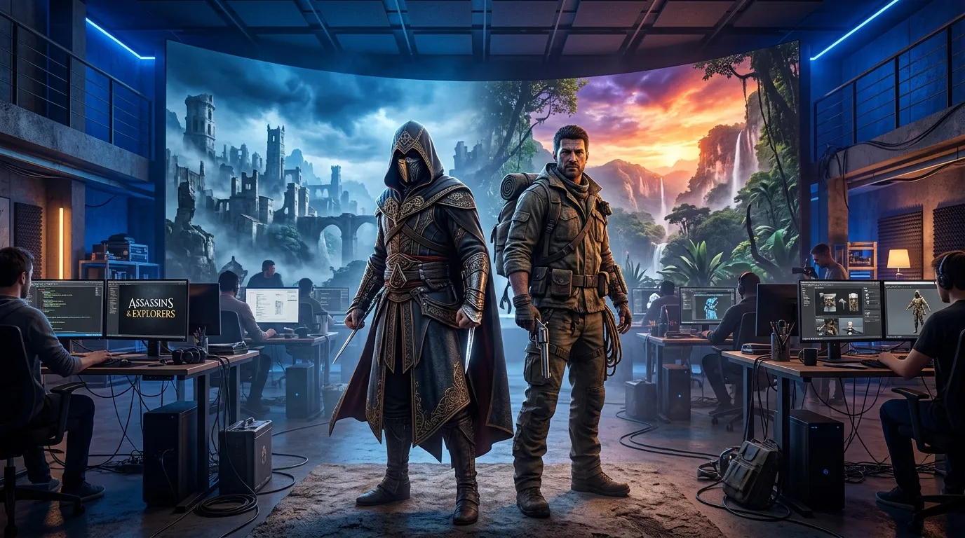 Deux personnages de jeu vidéo dans un studio de développement futuriste