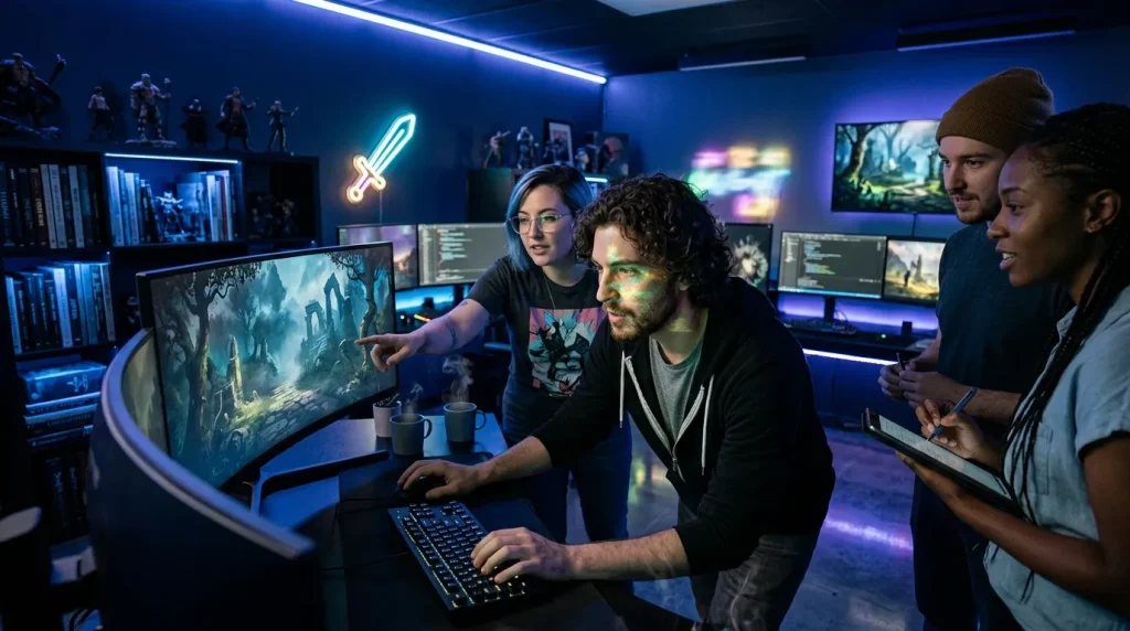 Équipe de développeurs travaillant sur un jeu vidéo en studio