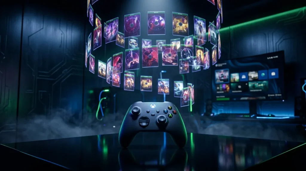 Manette Xbox entourée d'images de jeux vidéo flottantes