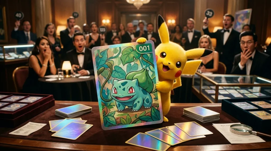 Pikachu et Bulbizarre sur table d'enchères, spectateurs formels en arrière-plan