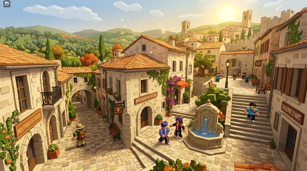 Illustration village italien avec places, fontaines et montagne