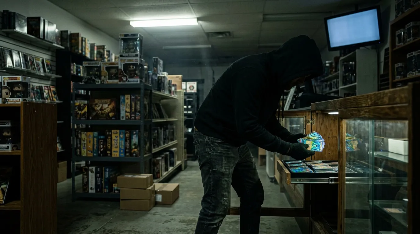 Personne en noir volant des objets dans un magasin spécialisé.