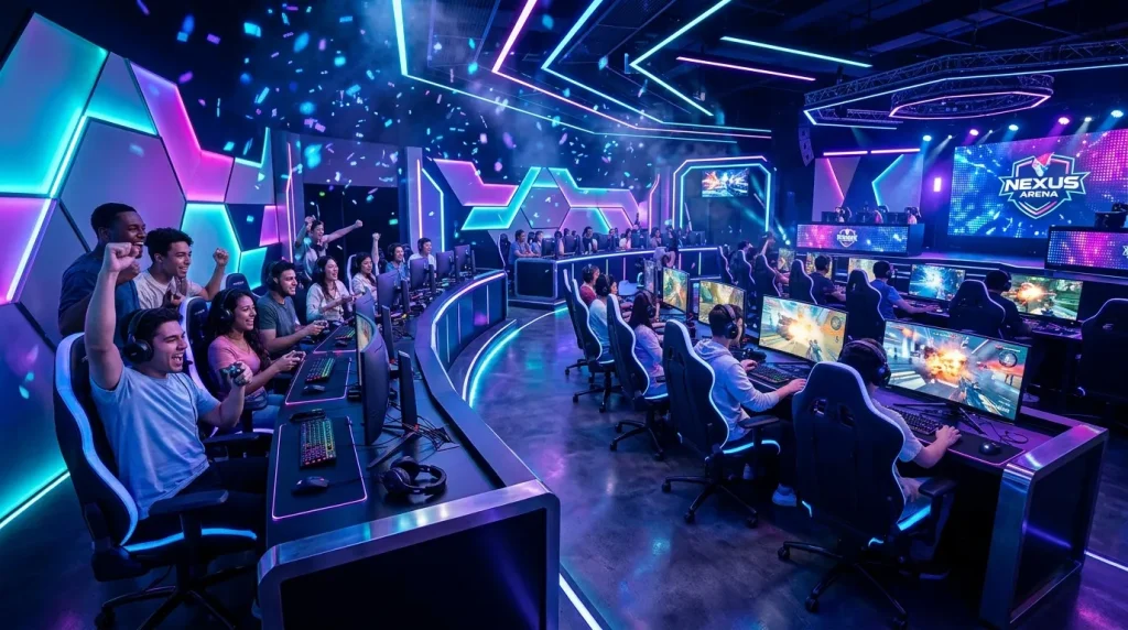 Joueurs en compétition dans une arène esports high-tech illuminée