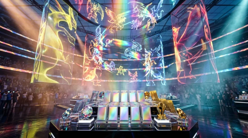 Stade esports avec écrans LED, trophées dorés et hologrammes colorés