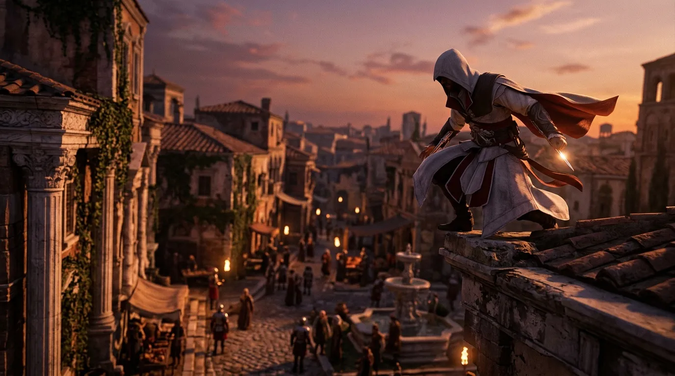 Assassin en blanc sur toit surplombant ville antique au coucher soleil
