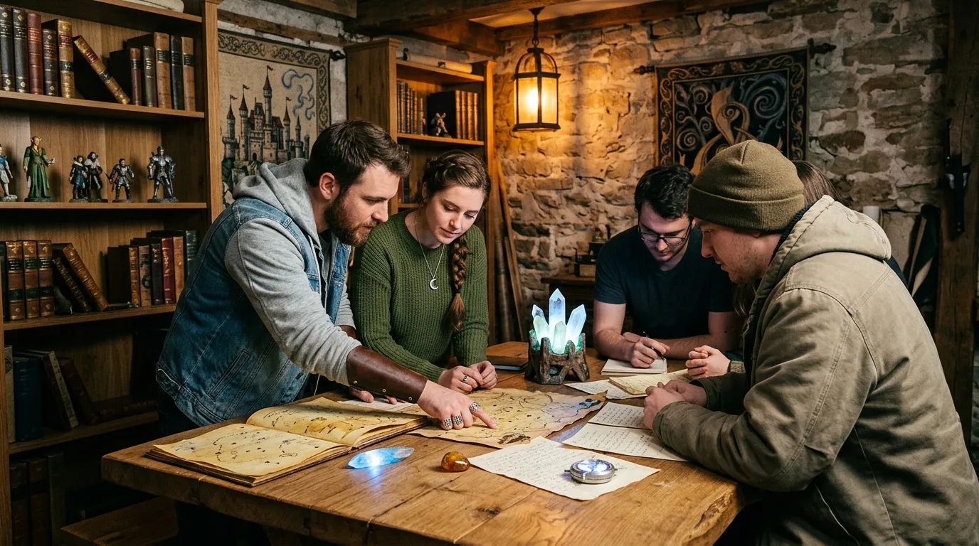 Groupe consultant une carte ancienne dans une bibliothèque fantasy.