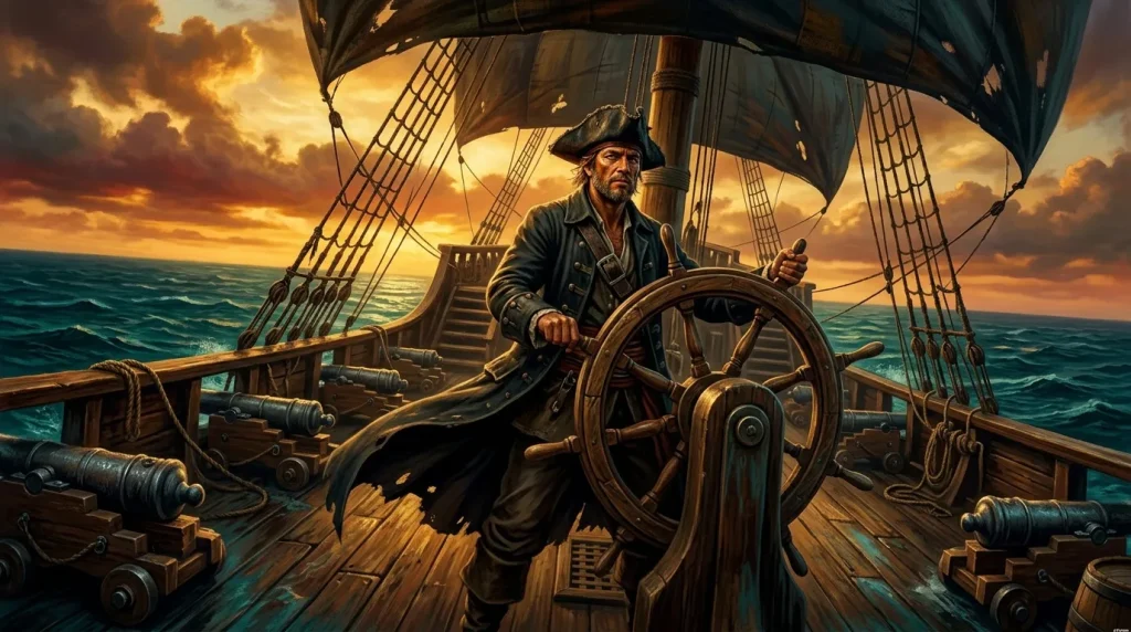 Pirate commandant un voilier au coucher de soleil