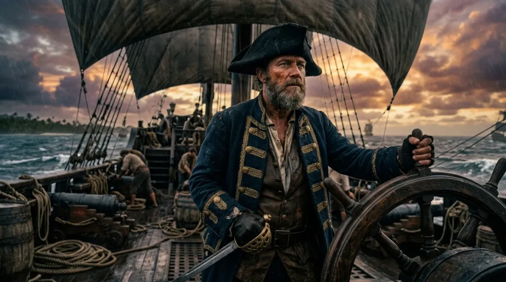 Capitaine pirate commandant son navire en mer, voiles déployées