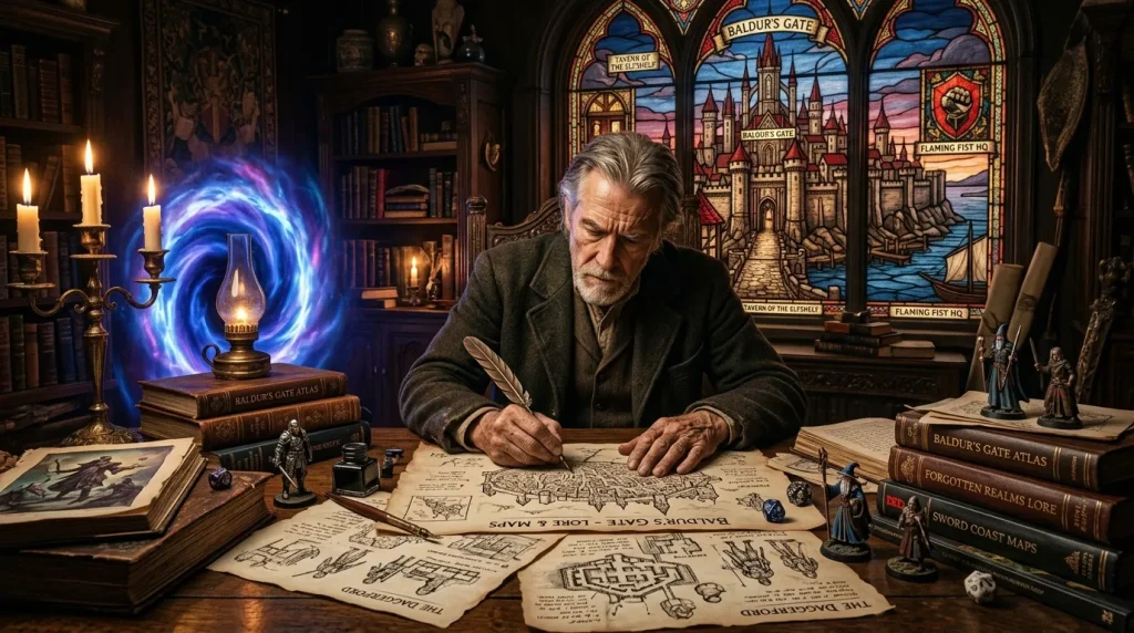 Homme dessinant des cartes magiques dans sa bibliothèque fantastique.