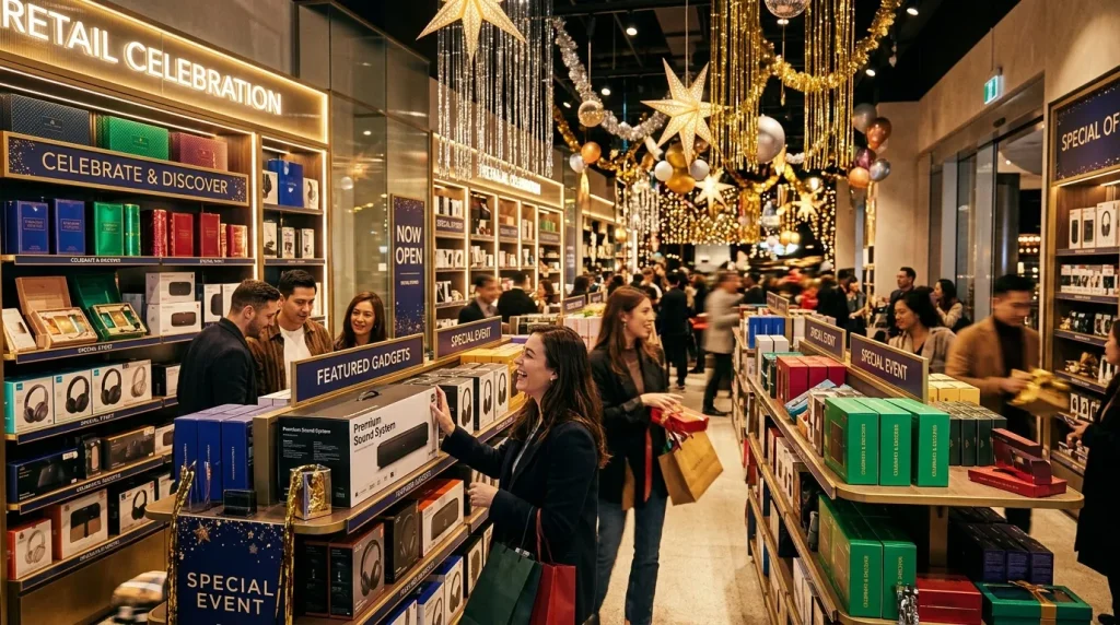 Magasin décoré pour événement spécial avec clients shopping