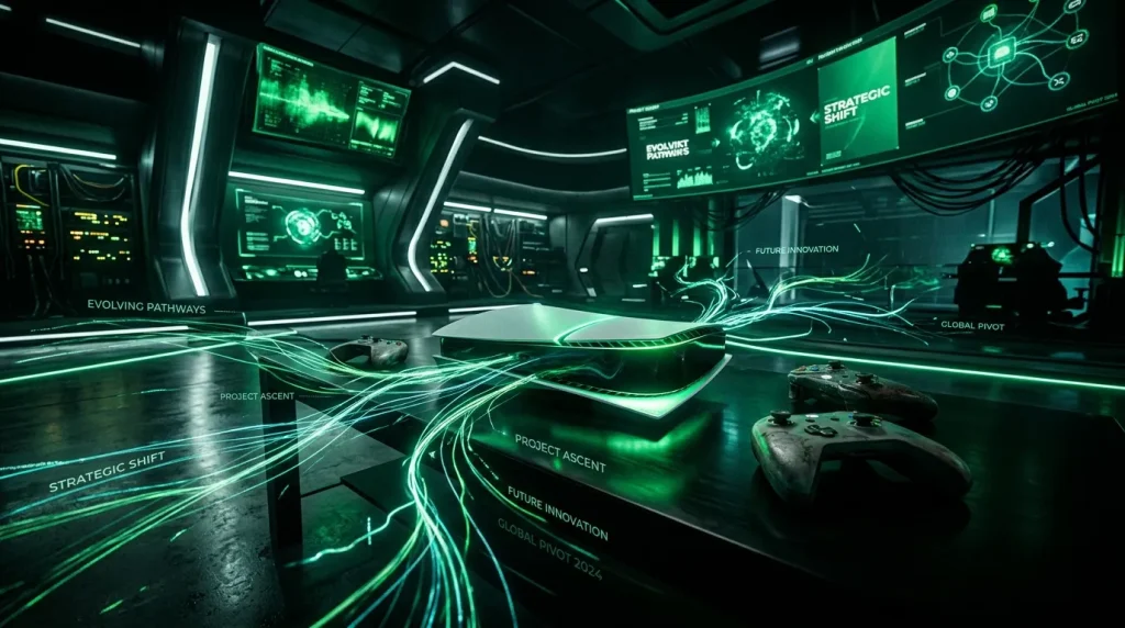 Salle de commande high-tech avec écrans verts et données numériques
