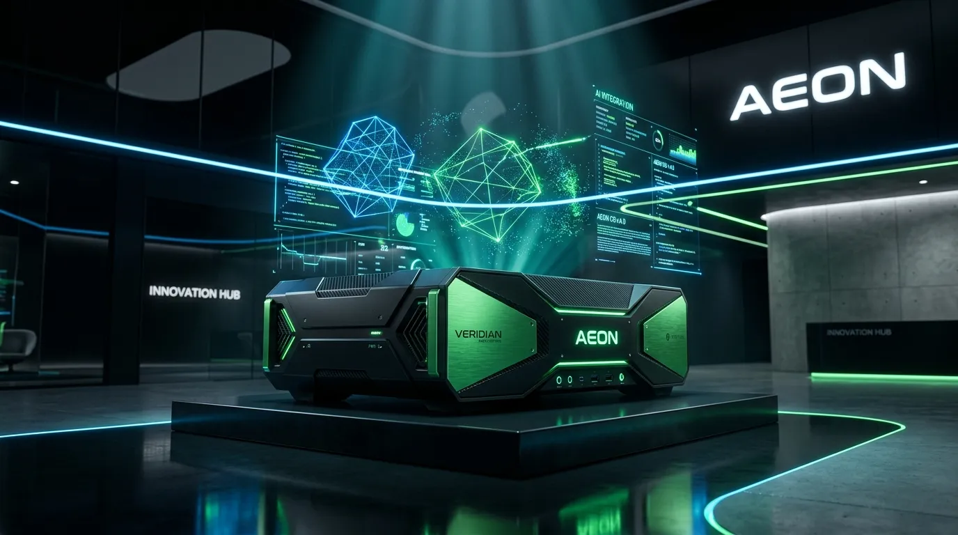 Serveurs AEON Veridian dans un hub technologique futuriste