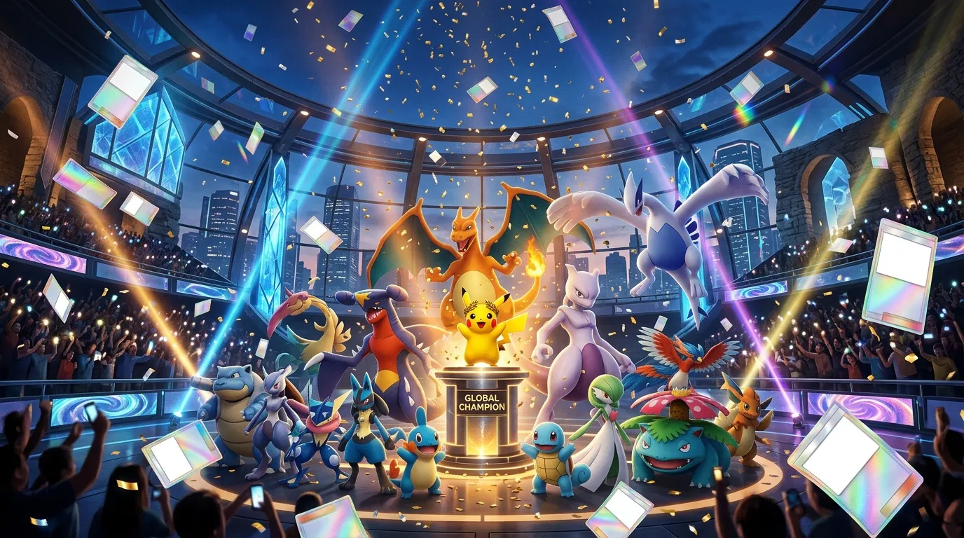 Pokémon légendaires célébrant la victoire championnat mondial