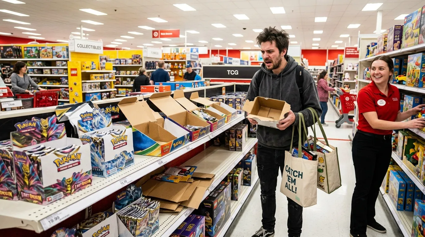 Homme avec sac réutilisable achète des cartes Pokémon