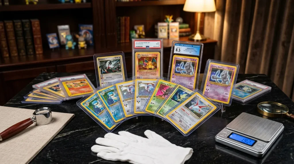 Cartes Pokémon graded sur table marbre avec accessoires collecteur