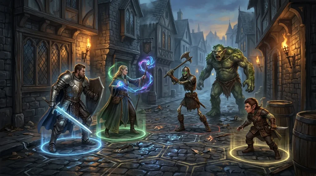 Groupe d'aventuriers affrontant un ogre géant en ville