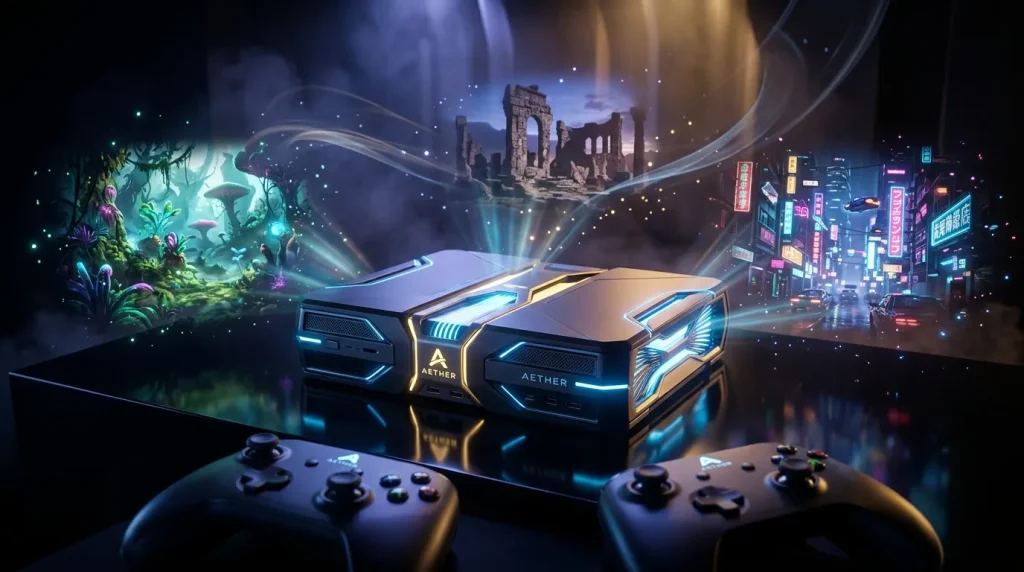 Console gaming Aether avec contrôleurs et mondes virtuels