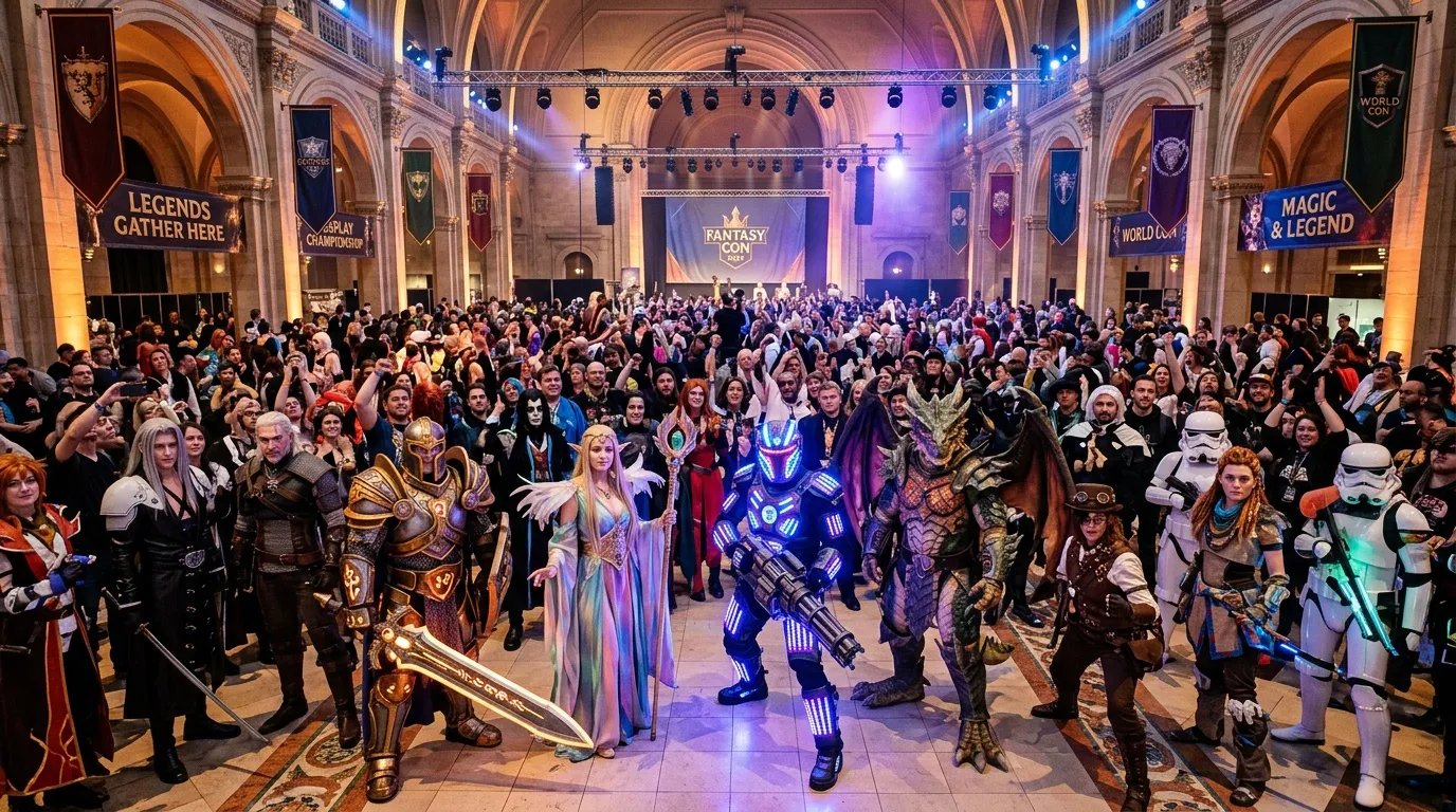 Foule en costumes fantasy et science-fiction dans salle ornementale