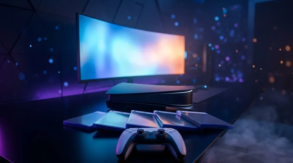 Console gaming, smartphones et écran connectés dans environnement futuriste