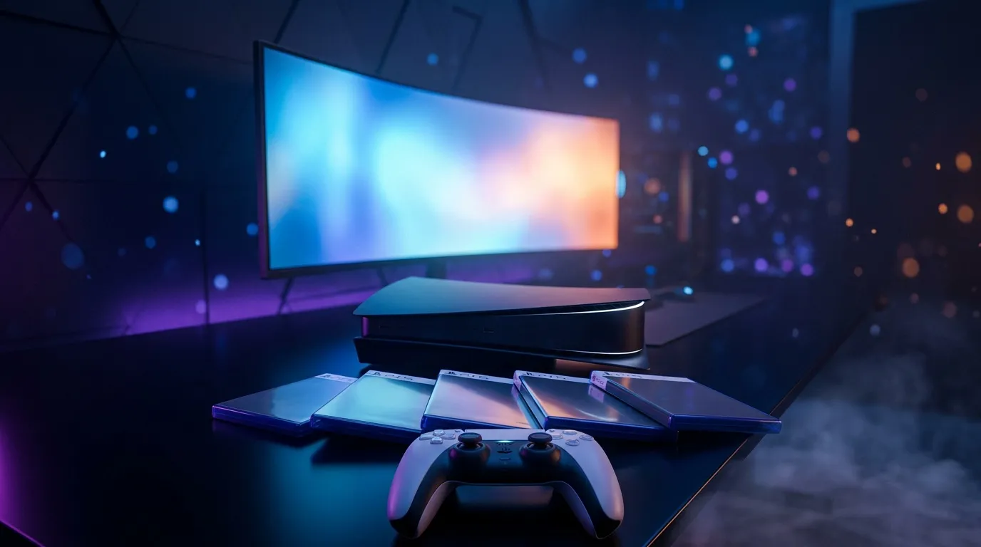 Console gaming, smartphones et écran connectés dans environnement futuriste