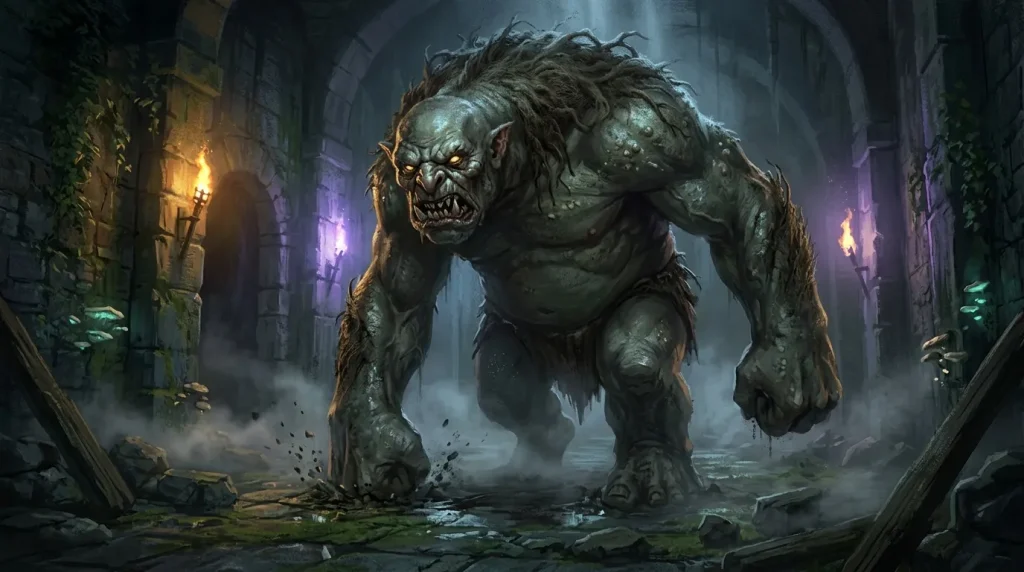 Troll géant agressif marchant dans des ruines urbaines sombres
