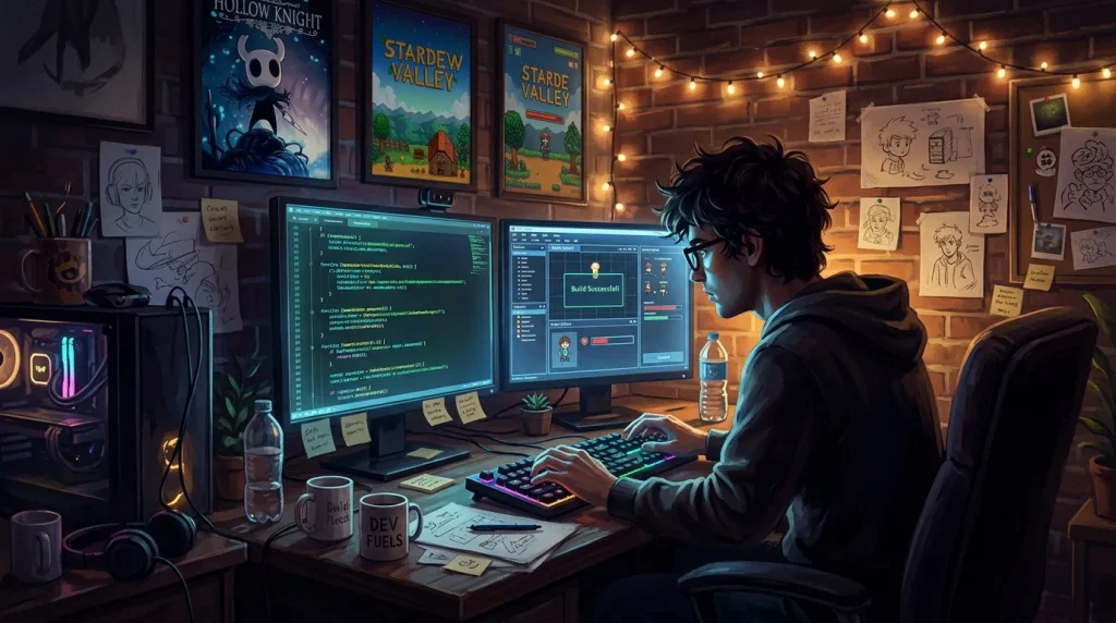 Programmeur travaillant sur deux moniteurs dans un bureau illuminé
