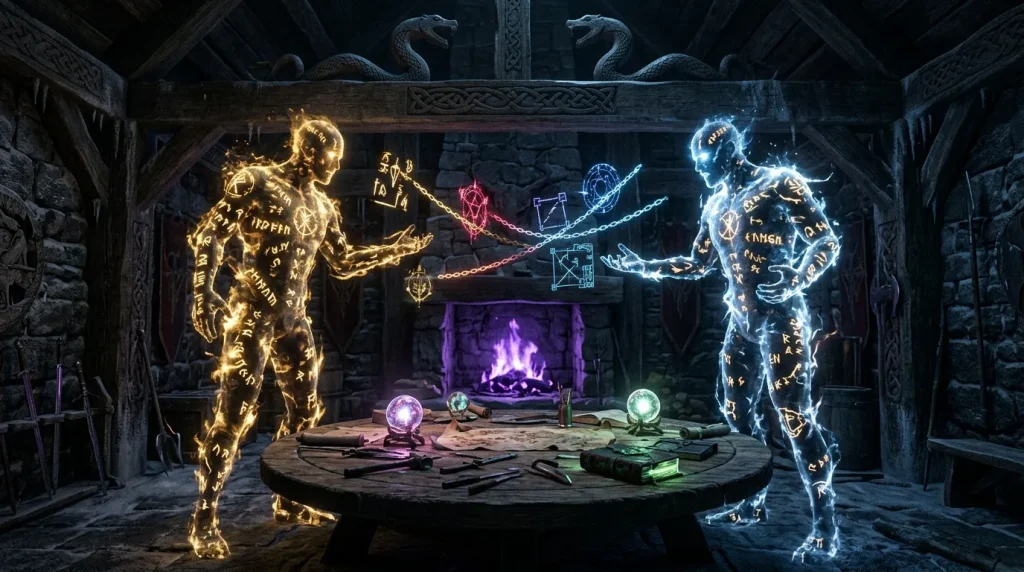 Deux êtres d'énergie magique s'affrontent dans un temple souterrain.