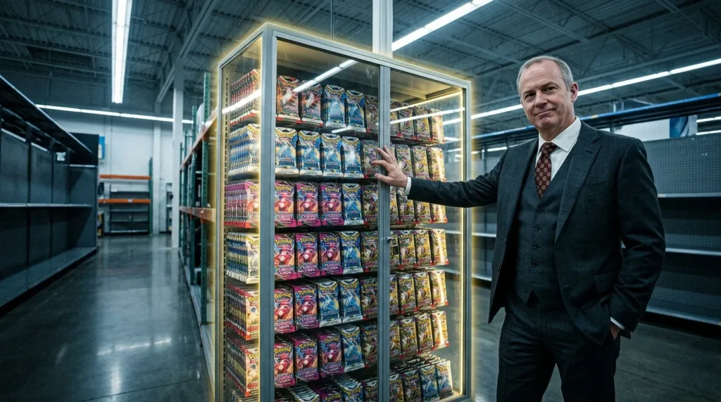 Homme en costume présentant des boîtes de cartes Pokémon dans une vitrine